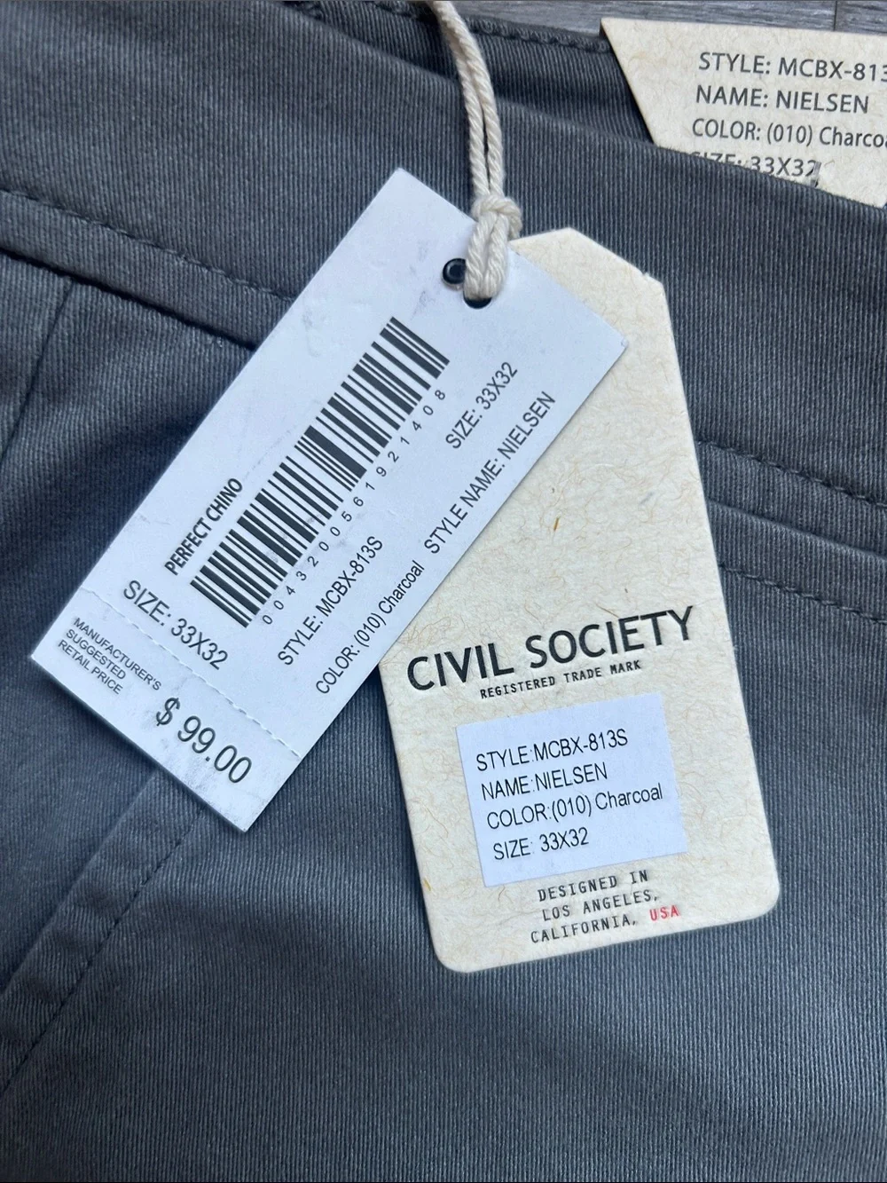 Civil Society The Perfect Chino Nielsen Men's Charcoal Gray Pants Size 33x32 NWT